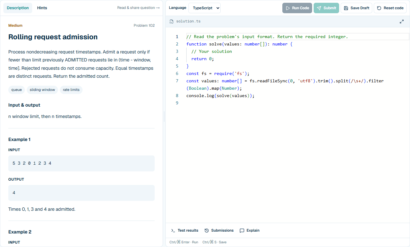 ResumeWorlds coding workspace with an original sliding-window problem, TypeScript editor and results panel